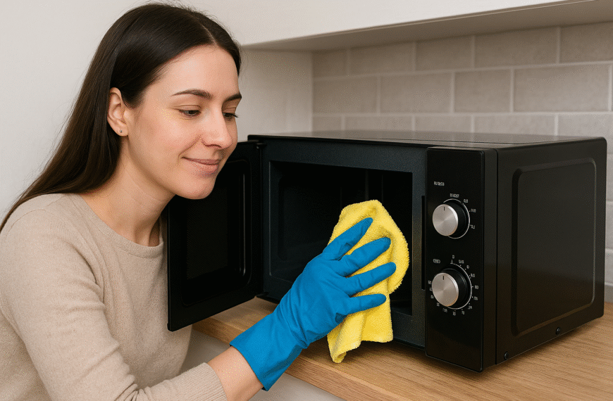 Uma mulher limpando o micro ondas com um pano